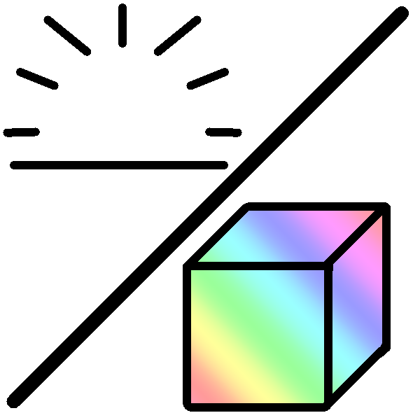 A pastel rainbow cube in the lower left corner, with a thick line separating it from a flat line with lines around it to convey a lack of object.